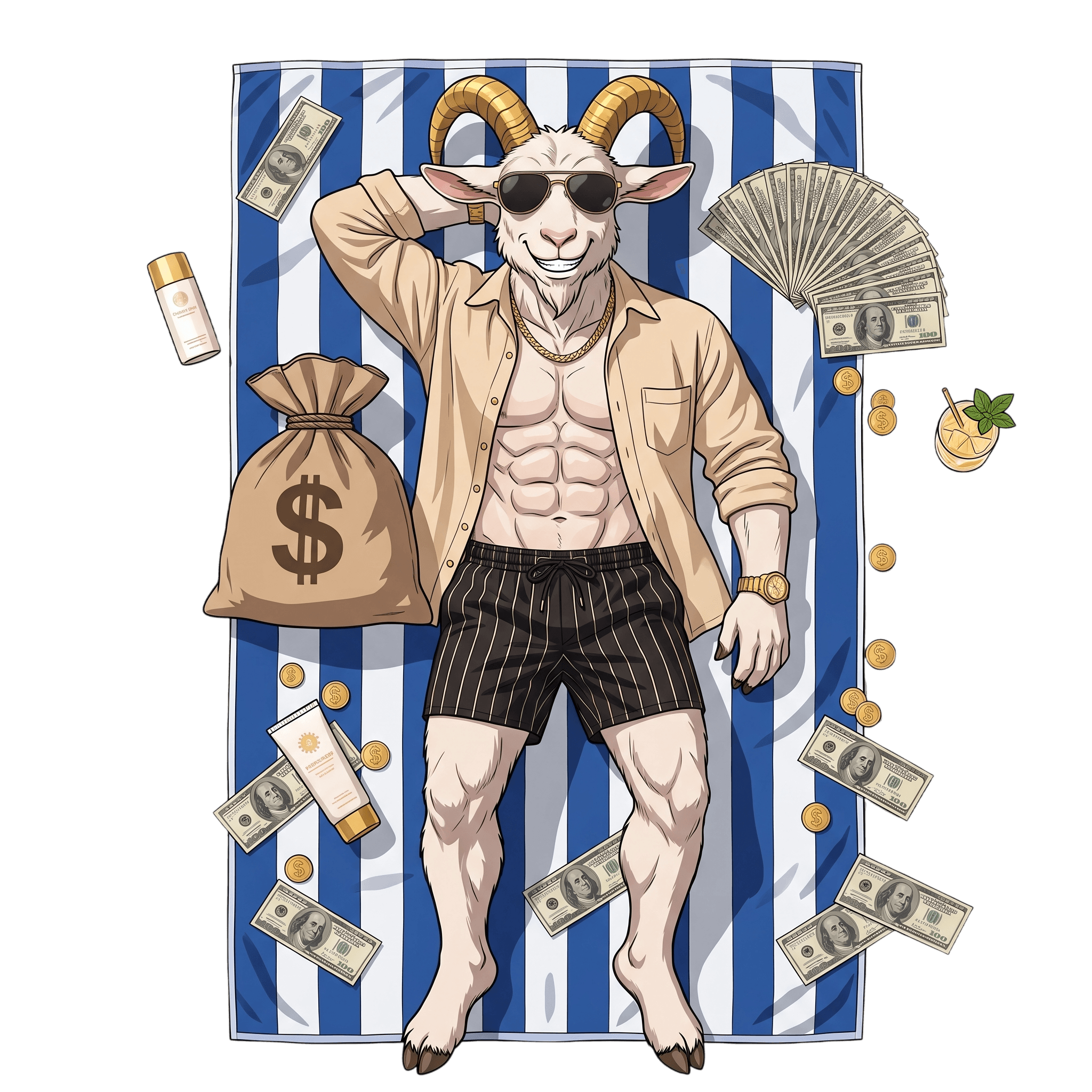 GoatBank — la cabra de las apuestas NBA tumbada en una toalla de playa